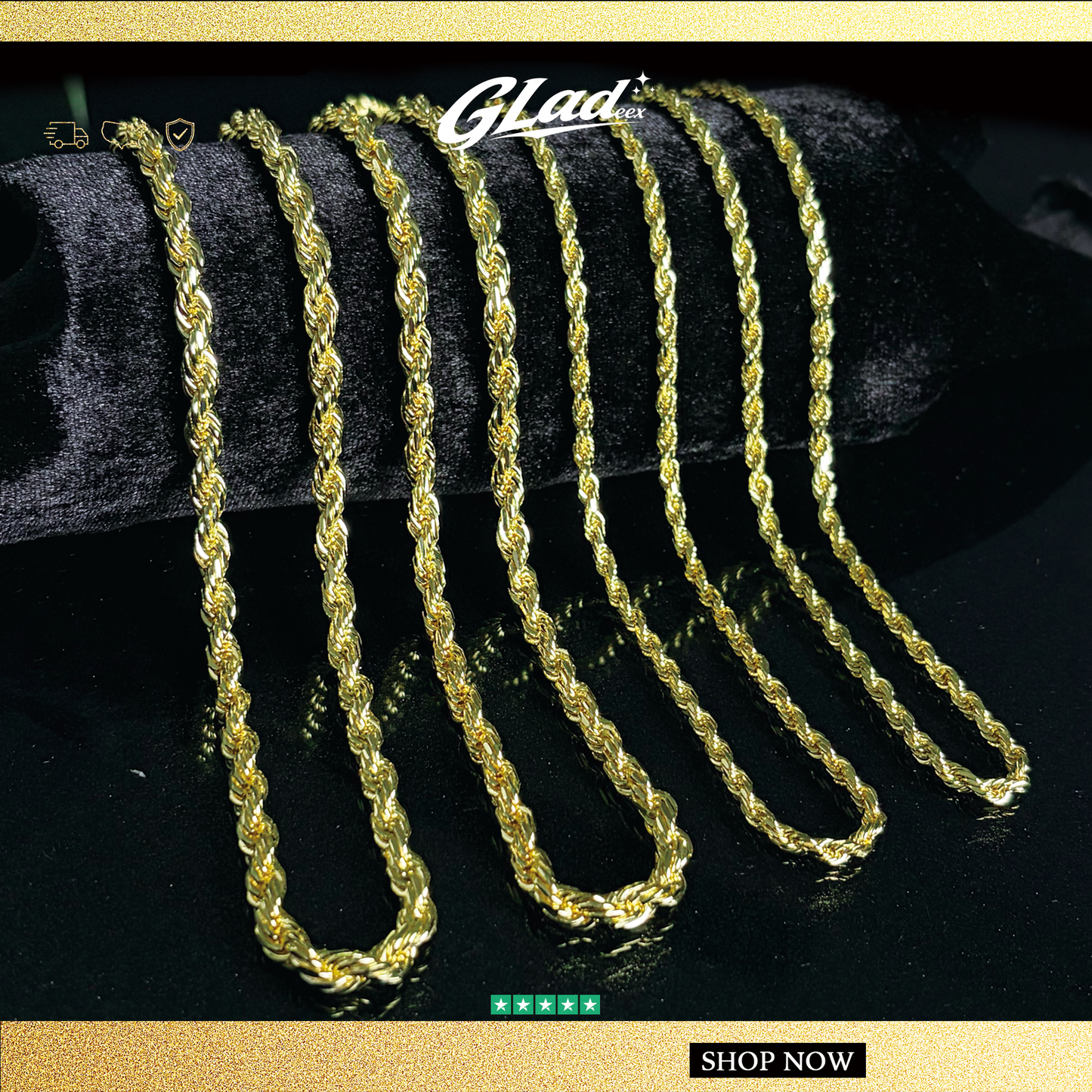 Seven 14K gold plated rope chain styles displayed side by side on black fabric