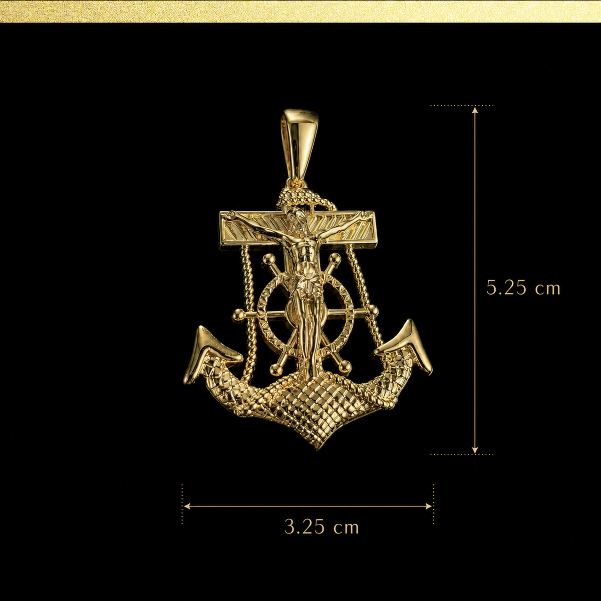 14K gold plated anchor cross pendant size diagram showing 5.25 cm by 3.25 cm