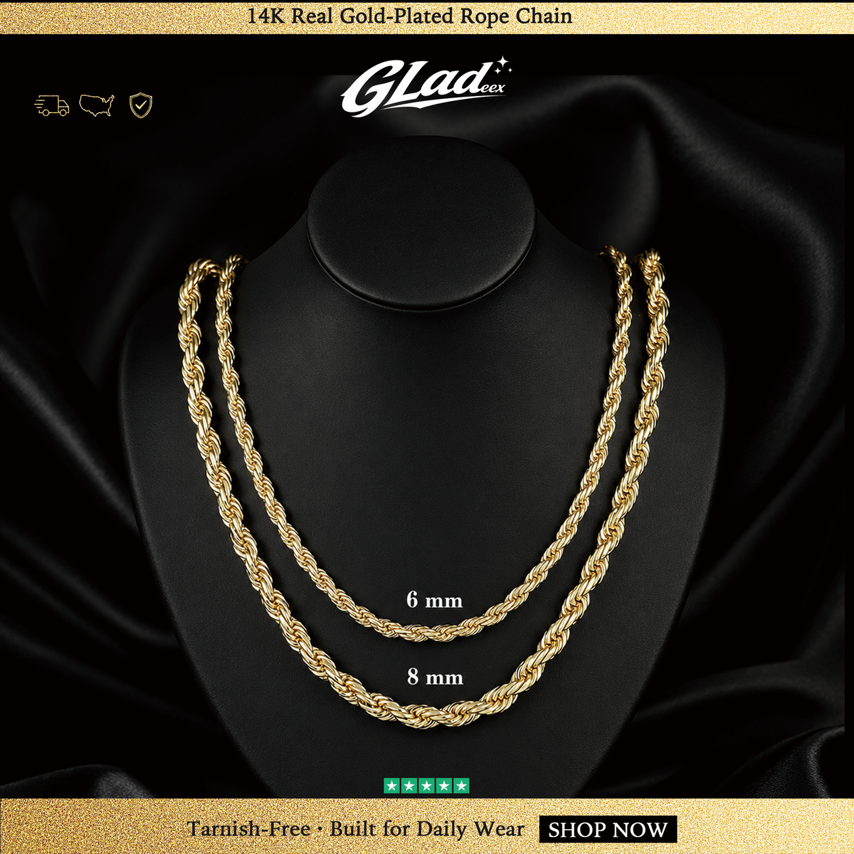 6mm and 8mm 14K gold plated rope chains displayed on a black necklace stand