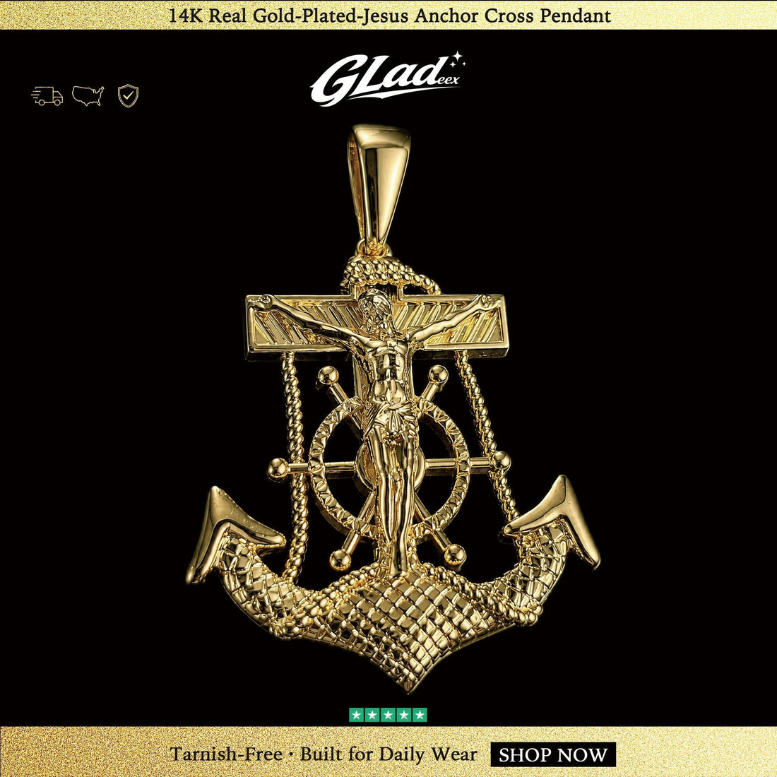 14K gold plated Jesus anchor cross pendant on a black background