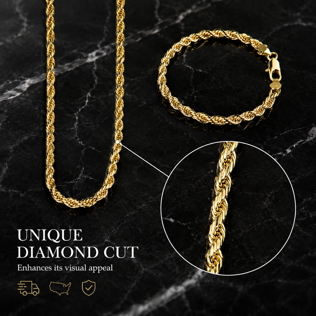 Matching 14K gold-plated rope chain and bracelet with diamond-cut detail