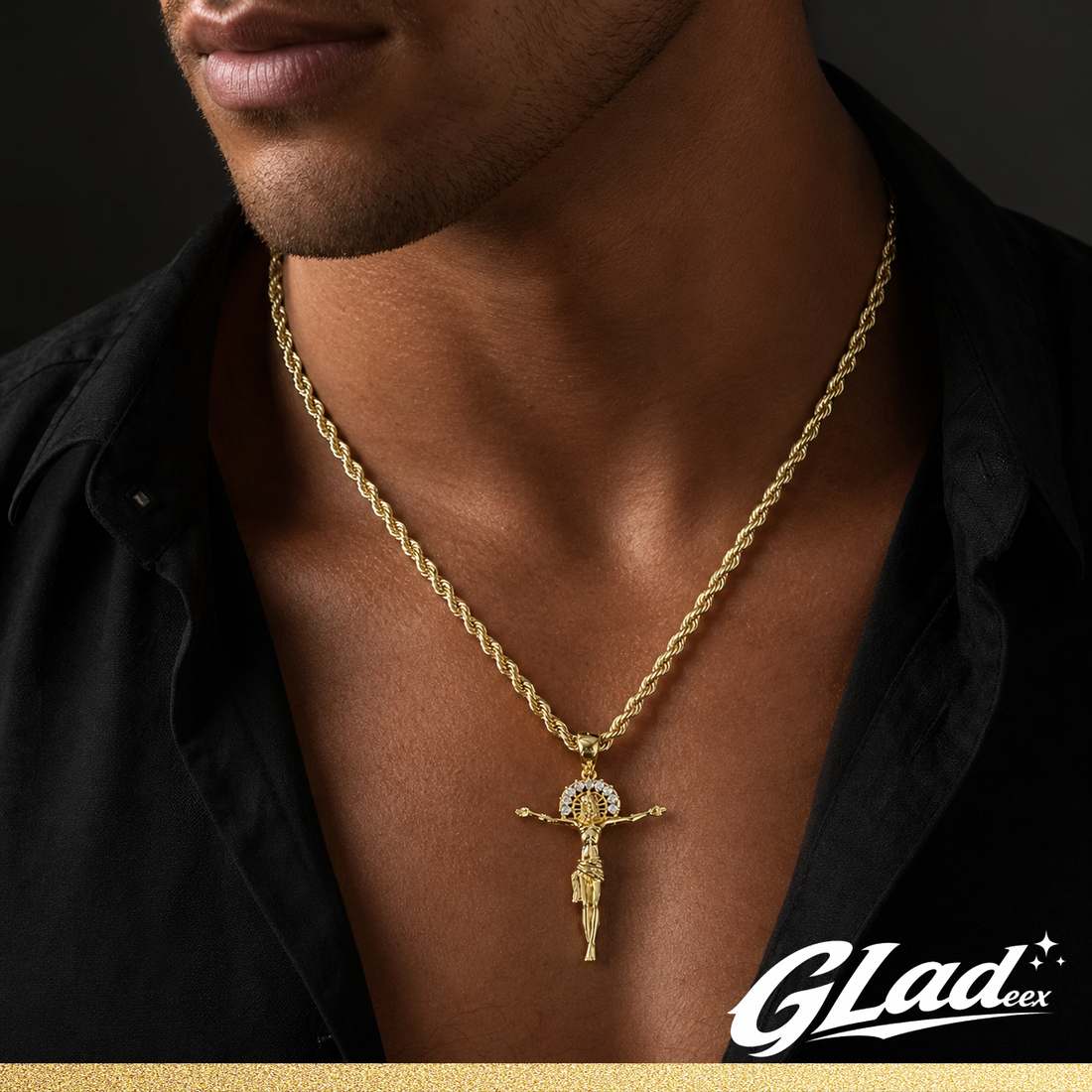 Man wearing a 14K gold plated Jesus pendant on a rope chain
