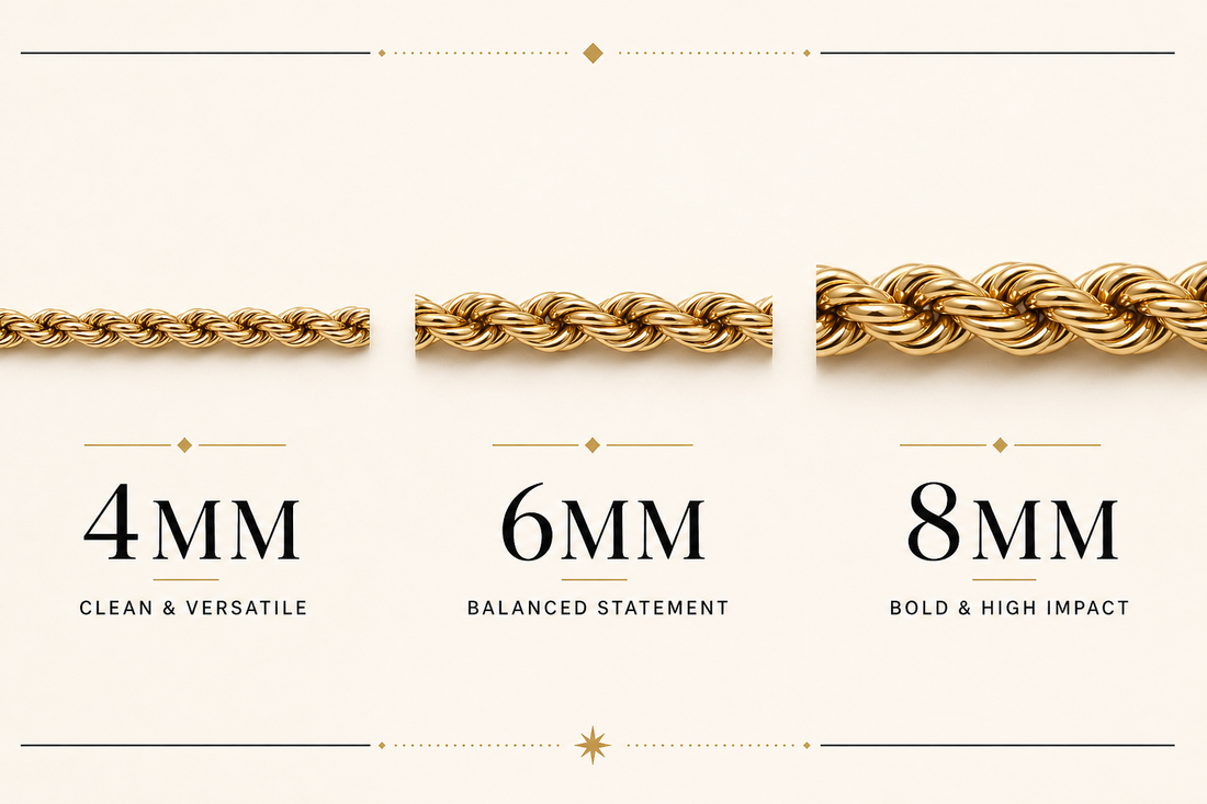 4mm, 6mm and 8mm gold rope chain width comparison