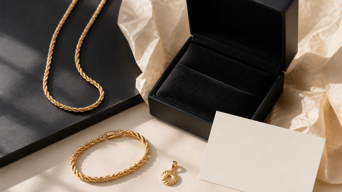 Gold chain bracelet and pendant arranged as jewelry gift ideas