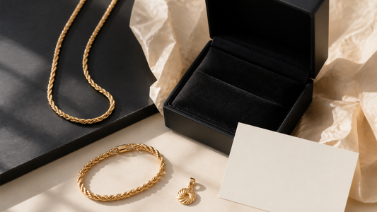 Gold chain bracelet and pendant arranged as jewelry gift ideas