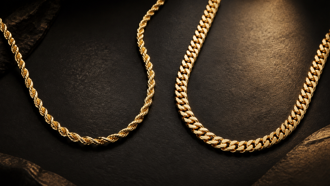 Gold rope chain and Cuban link chain displayed side by side on a black surface