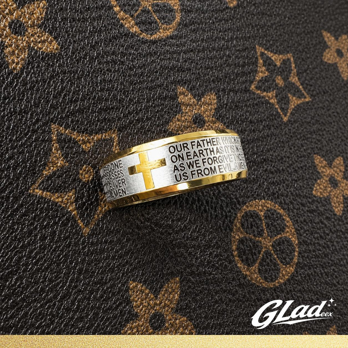 GLADEEX 14K Gold-Plated Lord’s Prayer Ring for Men & Women, Titanium Steel Cross Scripture Ring, Waterproof & Scratch-Resistant Christian Faith Jewelry - ewoptyappy