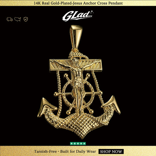 14K gold plated Jesus anchor cross pendant on a black background