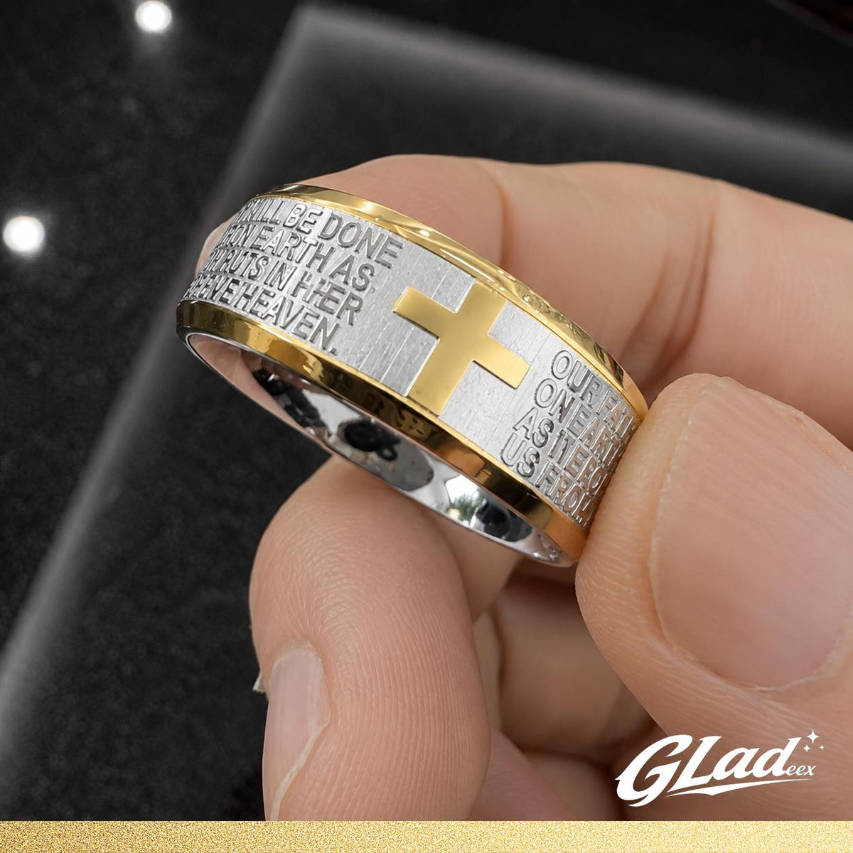 GLADEEX 14K Gold-Plated Lord’s Prayer Ring for Men & Women, Titanium Steel Cross Scripture Ring, Waterproof & Scratch-Resistant Christian Faith Jewelry - ewoptyappy