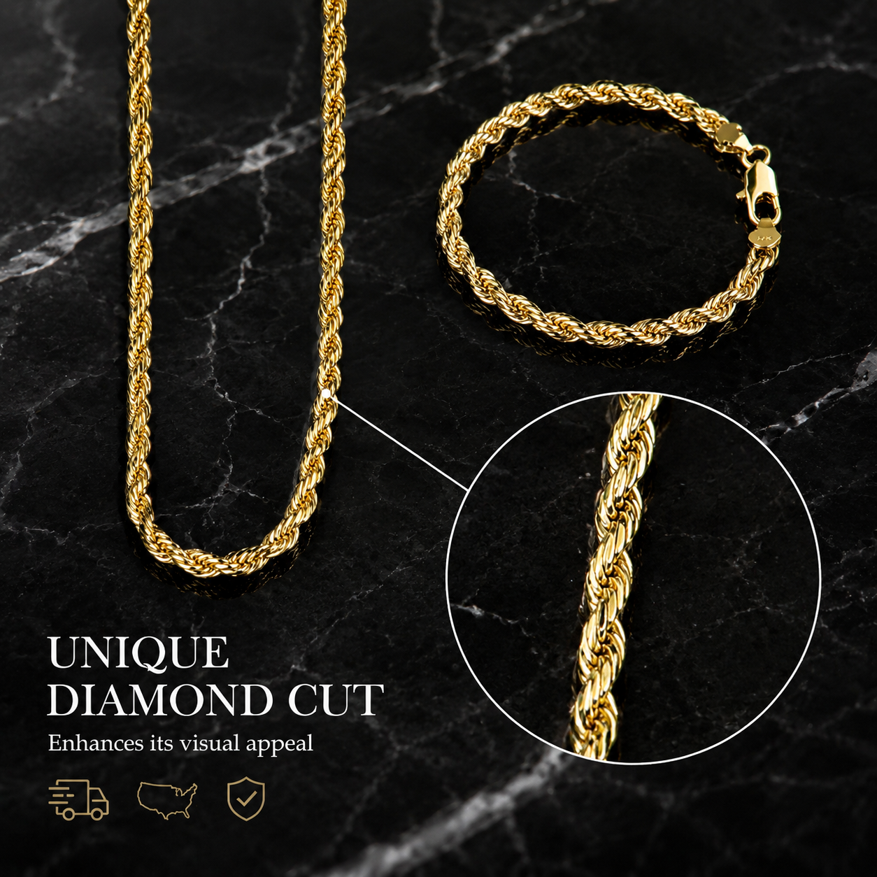 14K gold plated rope chain necklace and bracelet with diamond-cut detail
