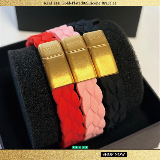 Red, pink and black silicone bracelets with 14K gold plated clasps in a presentation box