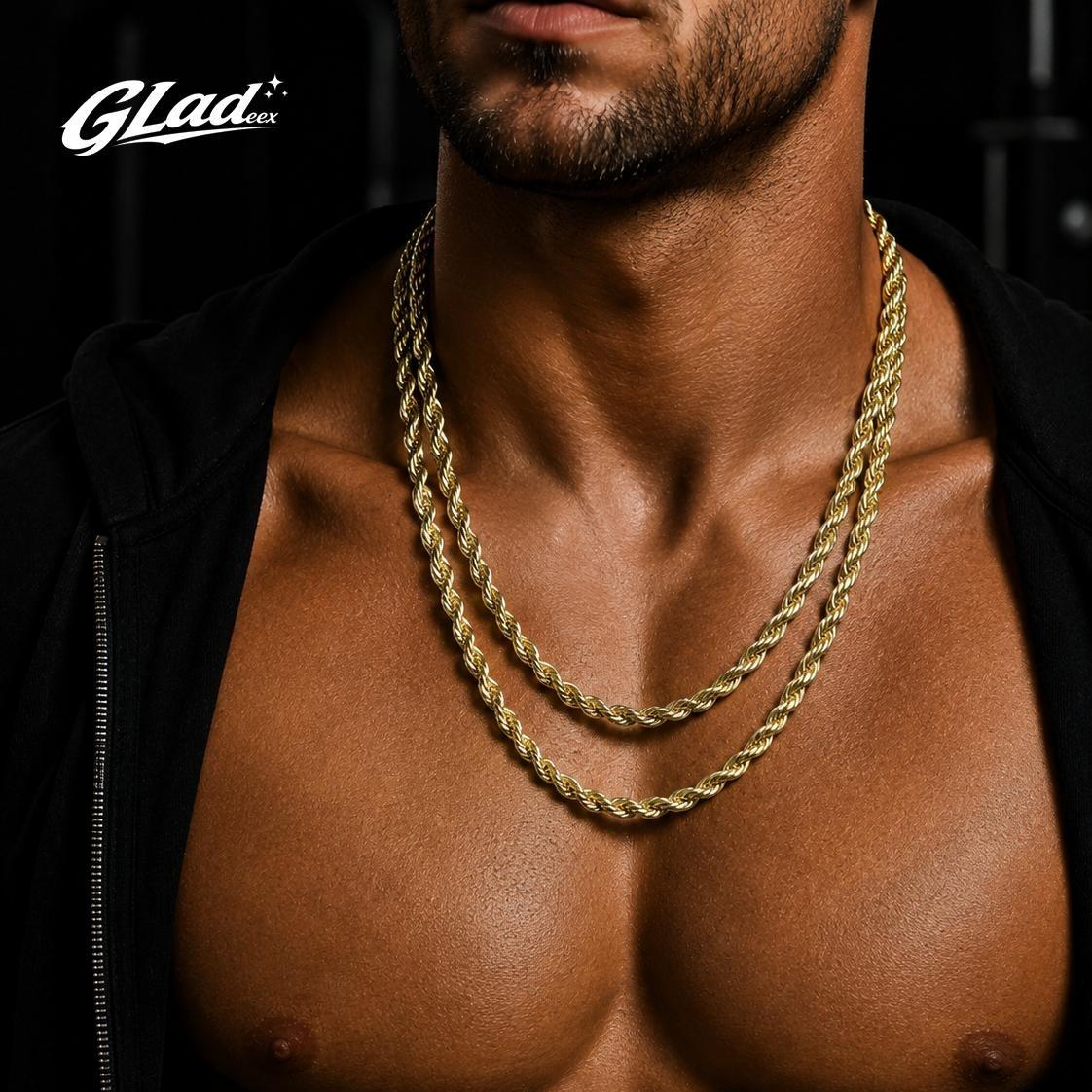 Man wearing two layered 14K gold plated diamond-cut rope chains