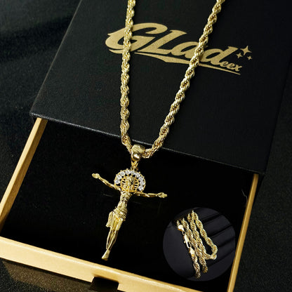 Full gift-box view of a gold plated Jesus pendant rope chain and bracelet
