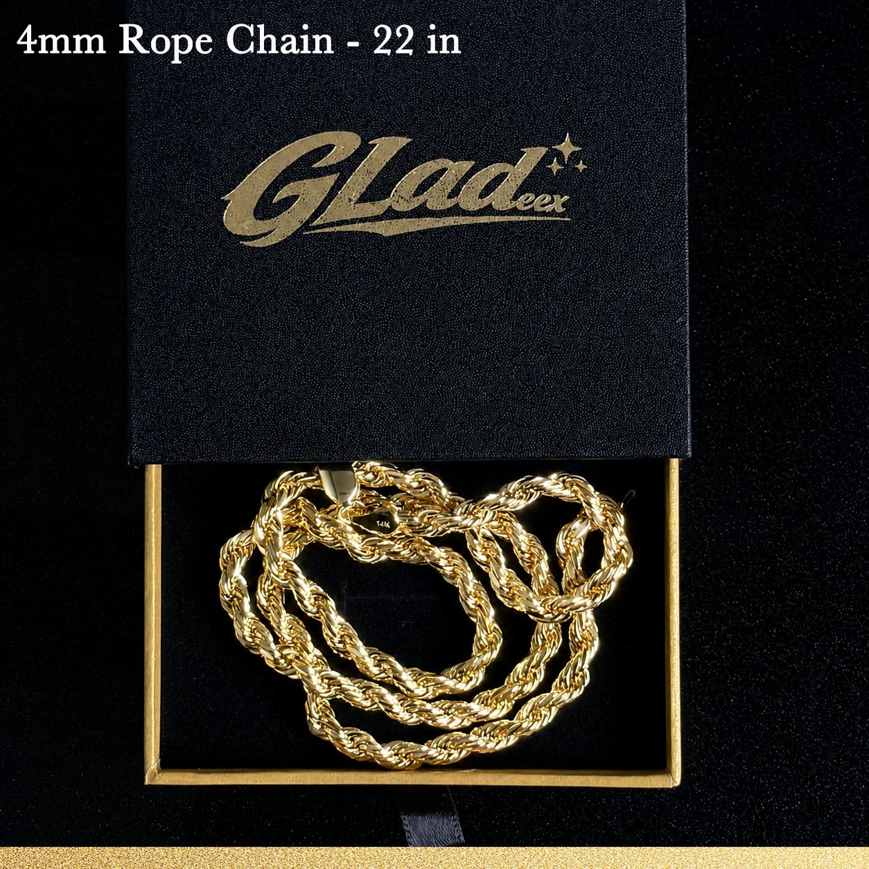 4mm 22-inch gold plated rope chain displayed in a GLADEEX gift box