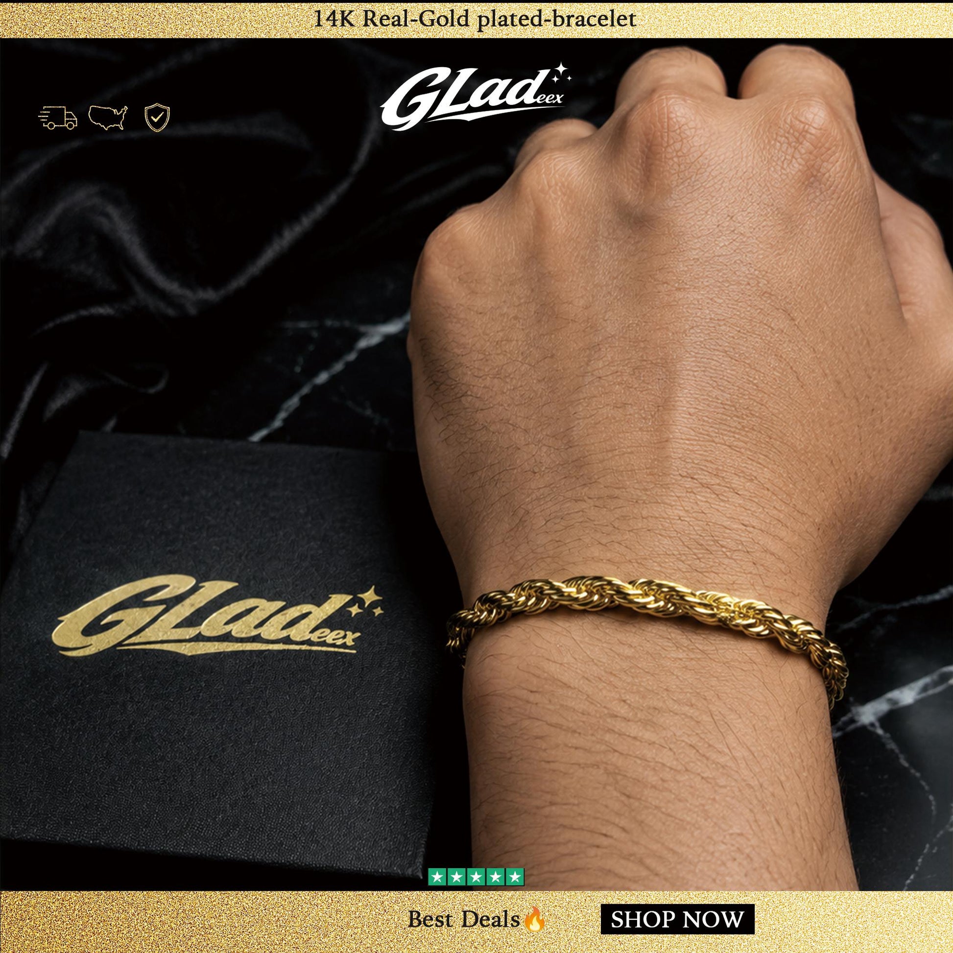 Man wearing a 14K gold plated diamond-cut rope bracelet beside a GLADEEX gift box