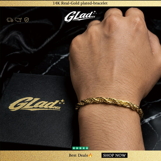 Man wearing a 14K gold plated diamond-cut rope bracelet beside a GLADEEX gift box