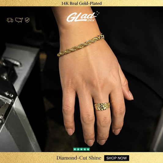 Woman wearing a 14K gold plated diamond-cut rope bracelet