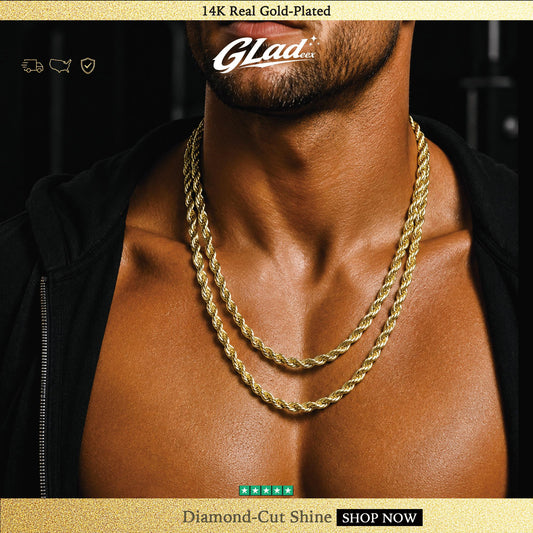 Man wearing layered 14K gold plated diamond-cut rope chains