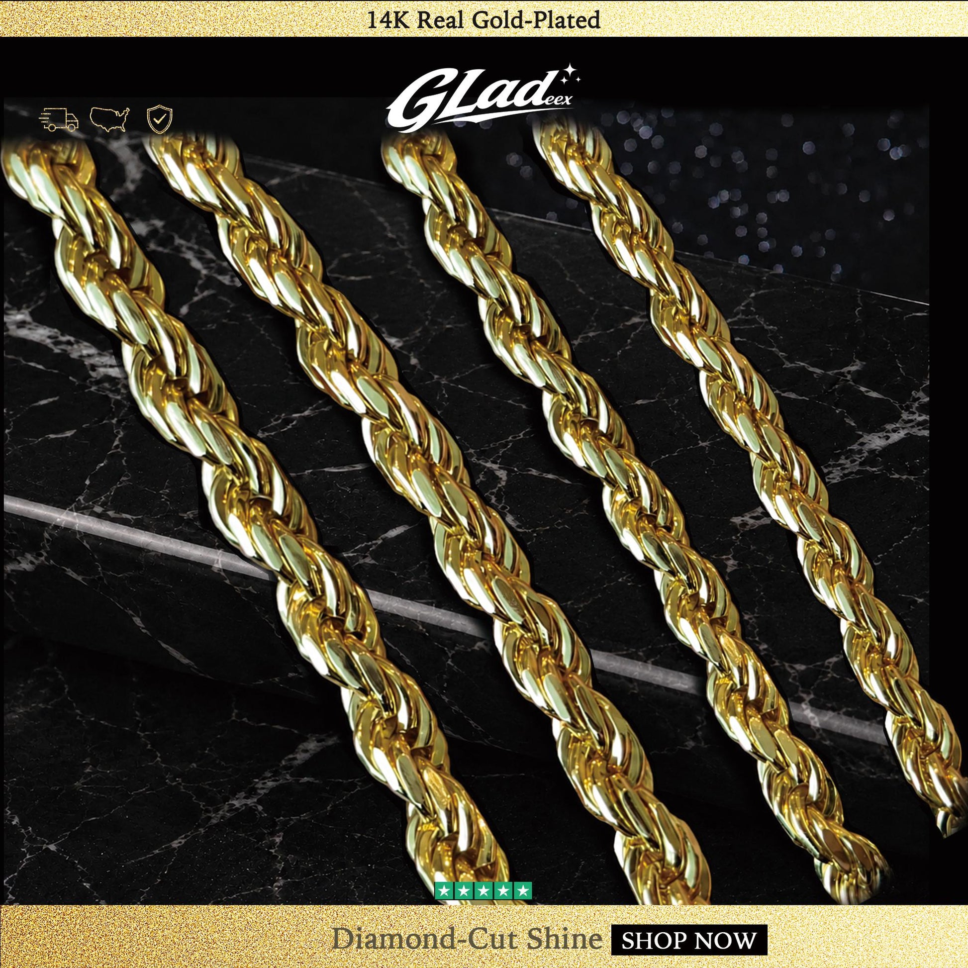 Four 14K gold plated rope chain widths displayed on black marble