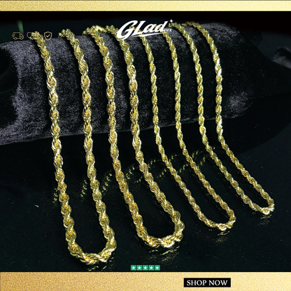 Seven 14K gold plated rope chain styles displayed side by side on black fabric