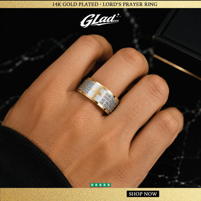 GLADEEX 14K Gold-Plated Lord’s Prayer Ring for Men & Women, Titanium Steel Cross Scripture Ring, Waterproof & Scratch-Resistant Christian Faith Jewelry - ewoptyappy
