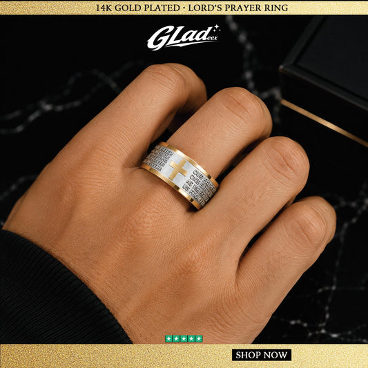 GLADEEX 14K Gold-Plated Lord’s Prayer Ring for Men & Women, Titanium Steel Cross Scripture Ring, Waterproof & Scratch-Resistant Christian Faith Jewelry - ewoptyappy