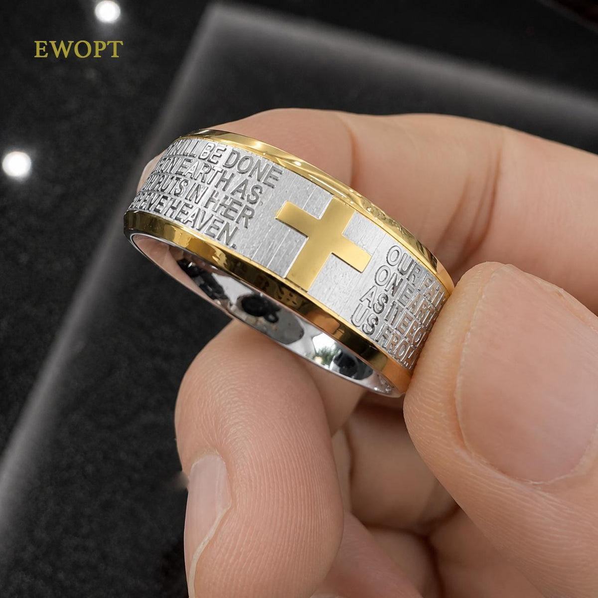 GLADEEX 14K Gold-Plated Lord’s Prayer Ring for Men & Women, Titanium Steel Cross Scripture Ring, Waterproof & Scratch-Resistant Christian Faith Jewelry - ewoptyappy