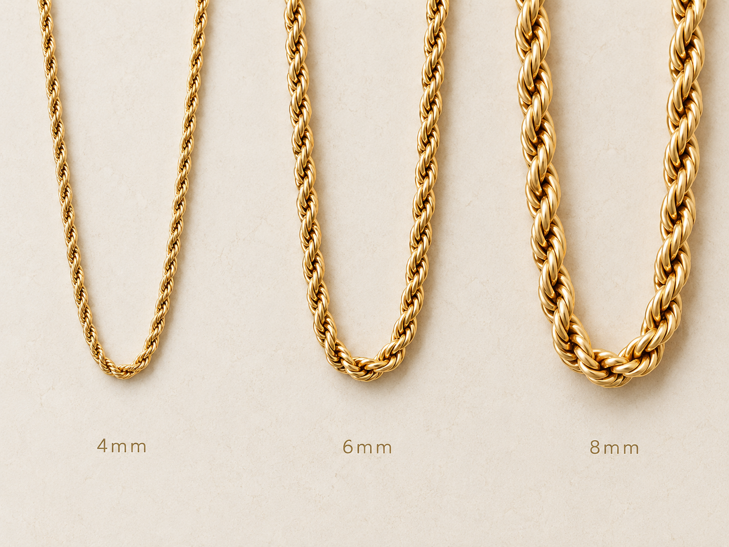 Visual comparison of 4mm, 6mm, and 8mm gold rope chain widths