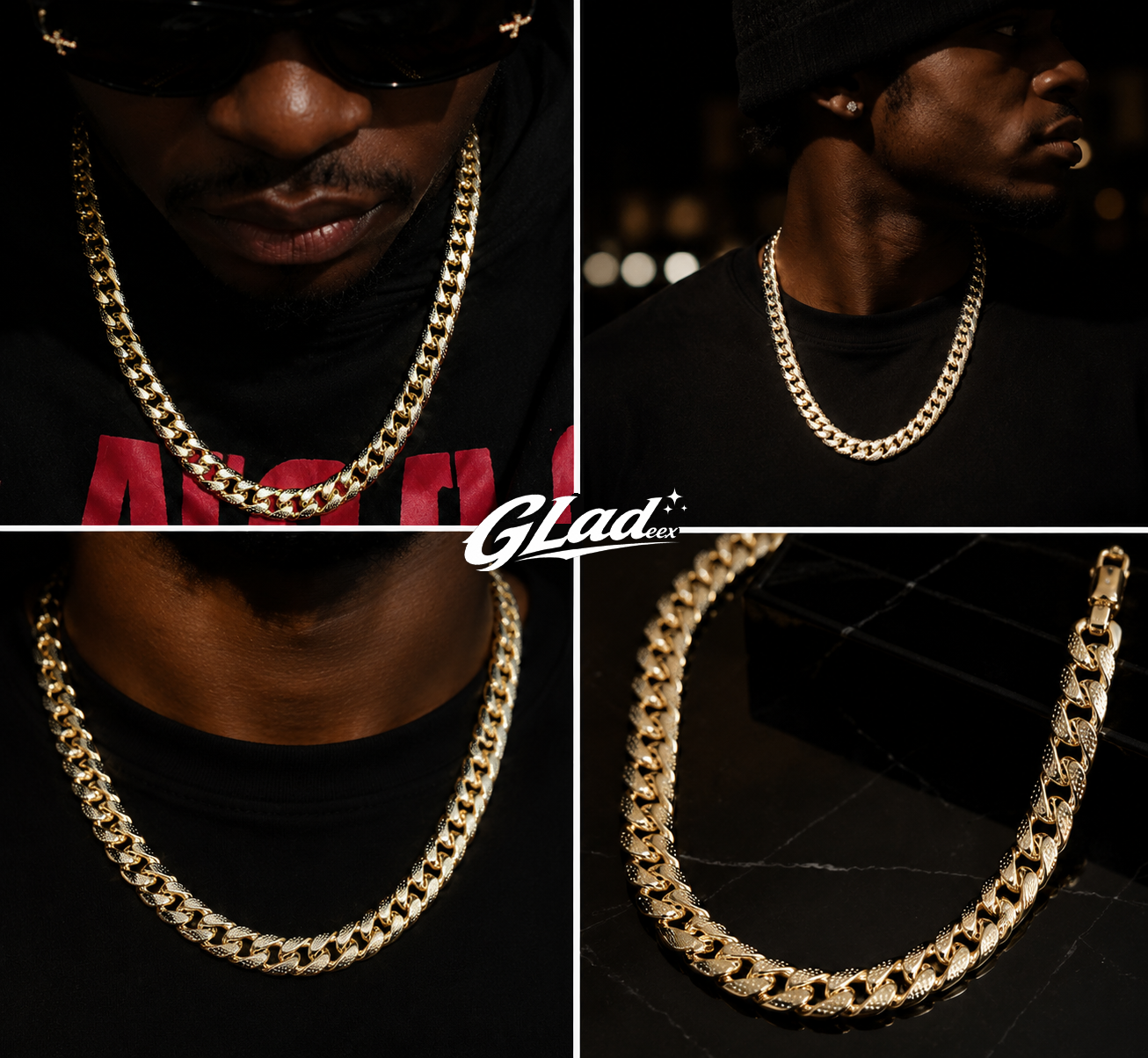 Men modeling an 8mm 14K gold plated Cuban link chain in four close-up views