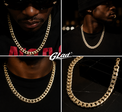 Men modeling an 8mm 14K gold plated Cuban link chain in four close-up views