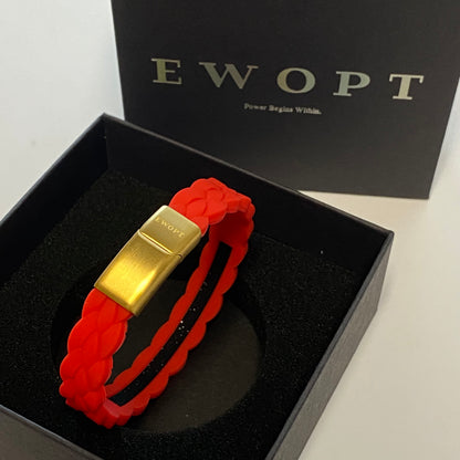 Red silicone bracelet with a 14K gold plated clasp in gift packaging