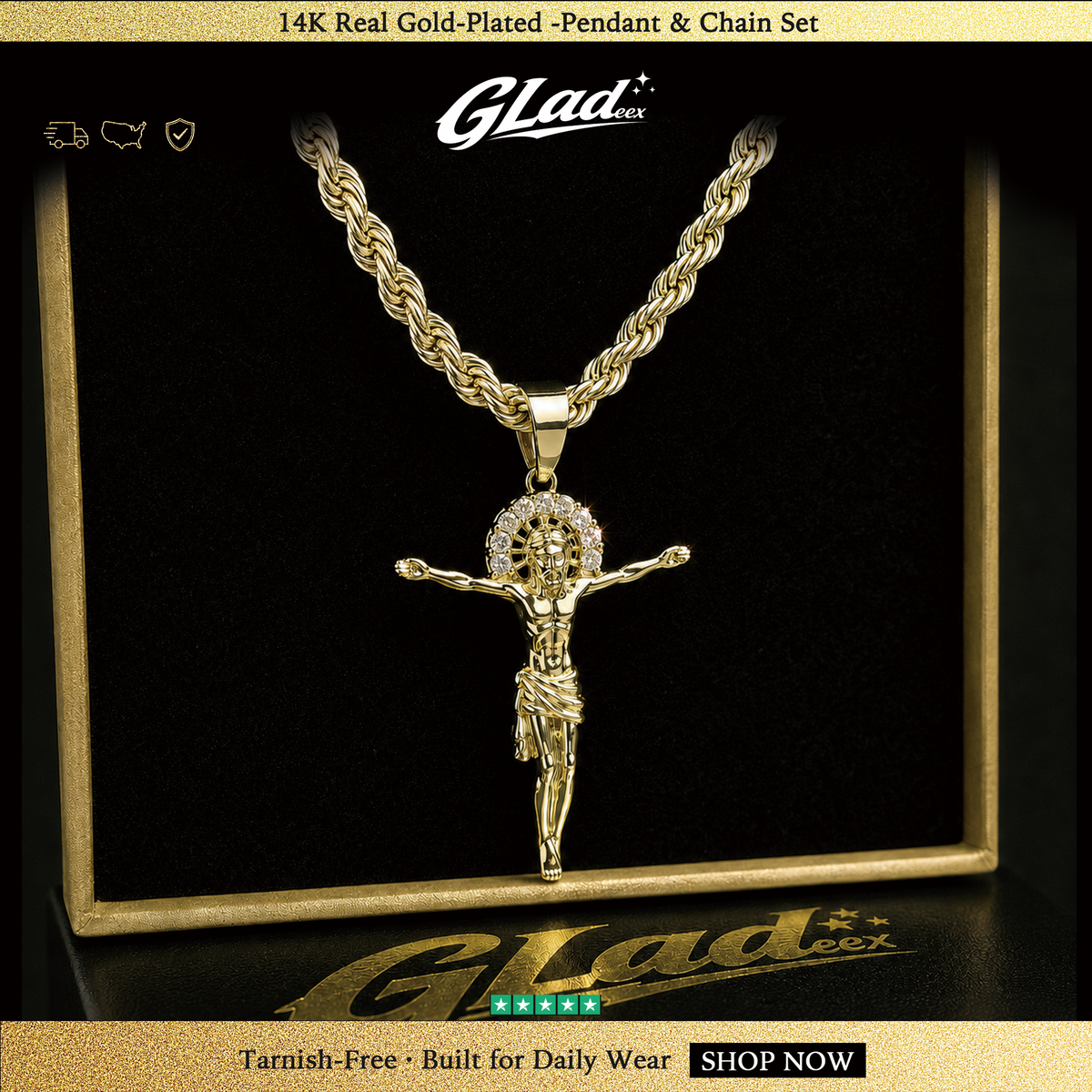 14K gold plated Jesus pendant and rope chain displayed in a black and gold box