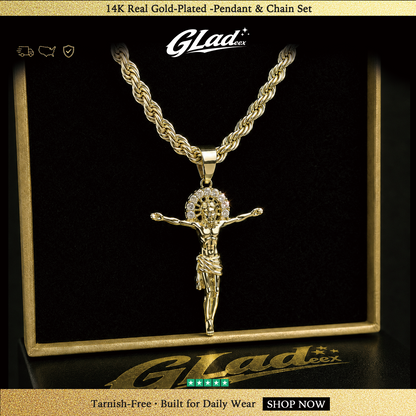 14K gold plated Jesus pendant and rope chain displayed in a black and gold box