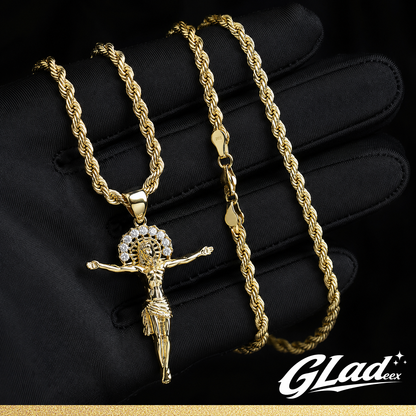 14K gold plated Jesus pendant with two rope chain widths on black fabric