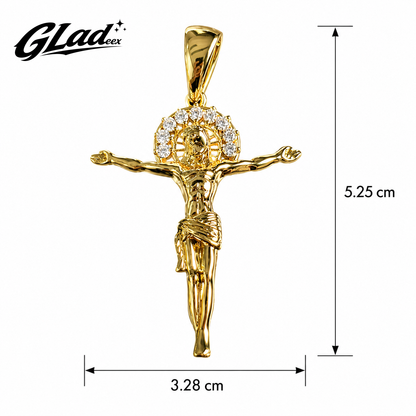 14K gold plated Jesus pendant size diagram showing 5.25 cm by 3.28 cm
