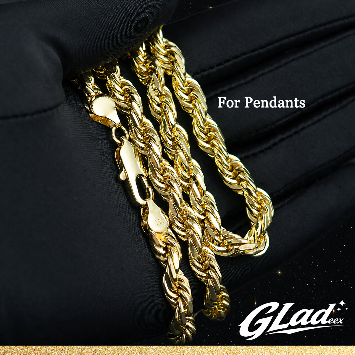 Three 14K gold plated rope chain widths suitable for pendants on black fabric