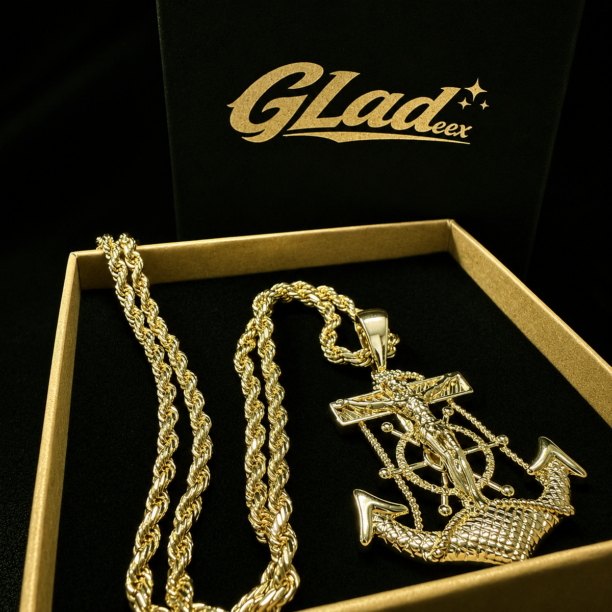 14K gold plated anchor cross pendant with rope chain in a GLADEEX gift box