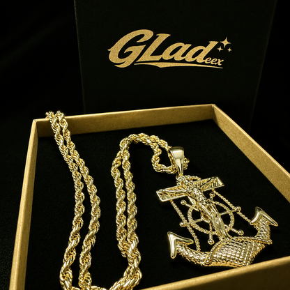 14K gold plated anchor cross pendant with rope chain in a GLADEEX gift box