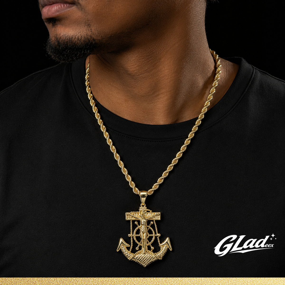 Man wearing a 14K gold plated anchor cross pendant and rope chain