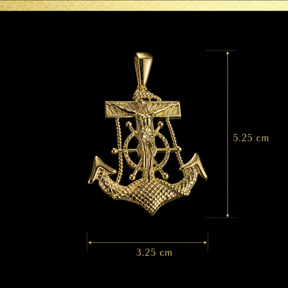 14K gold plated anchor cross pendant size diagram showing 5.25 cm by 3.25 cm