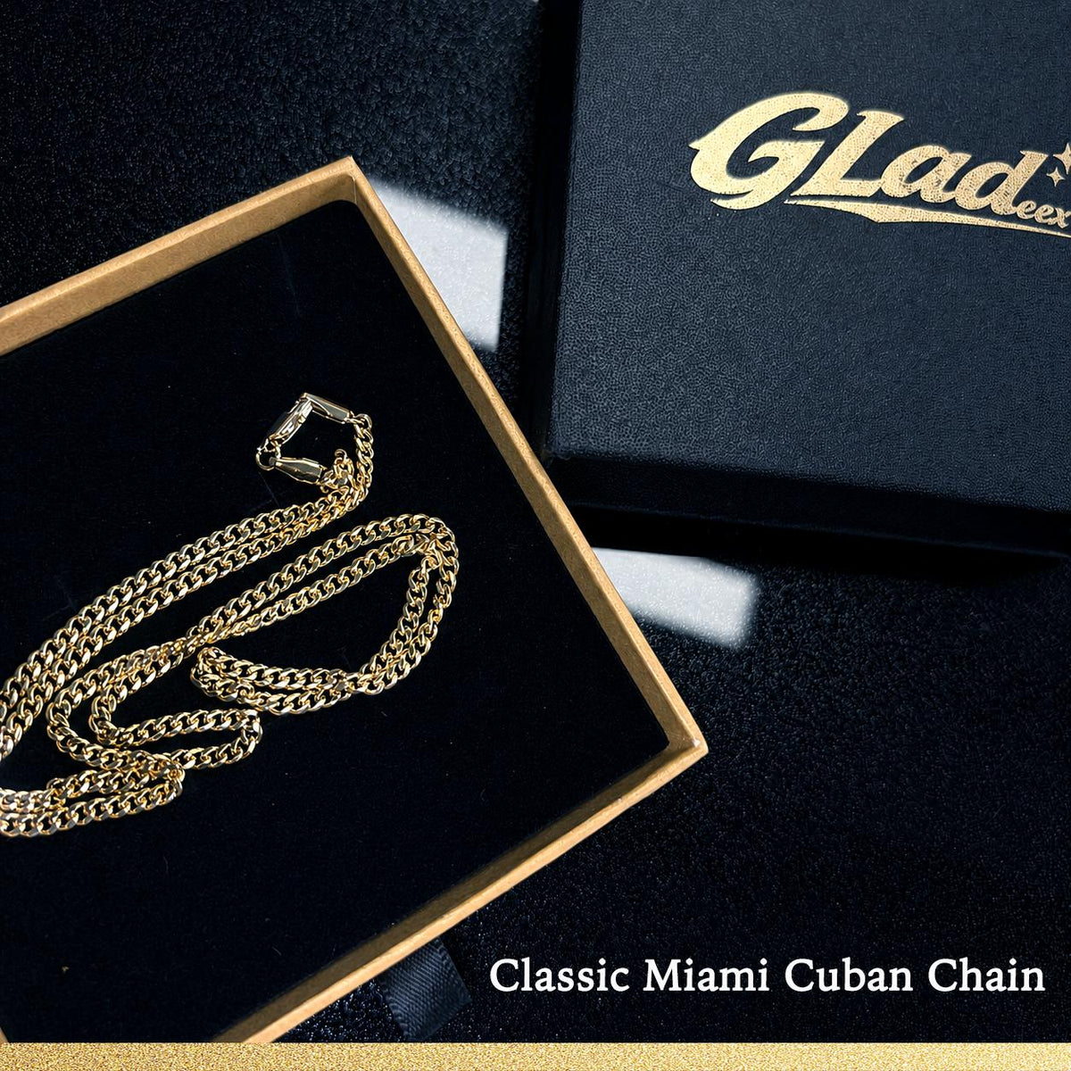 14K gold plated Miami Cuban chain displayed inside a GLADEEX gift box