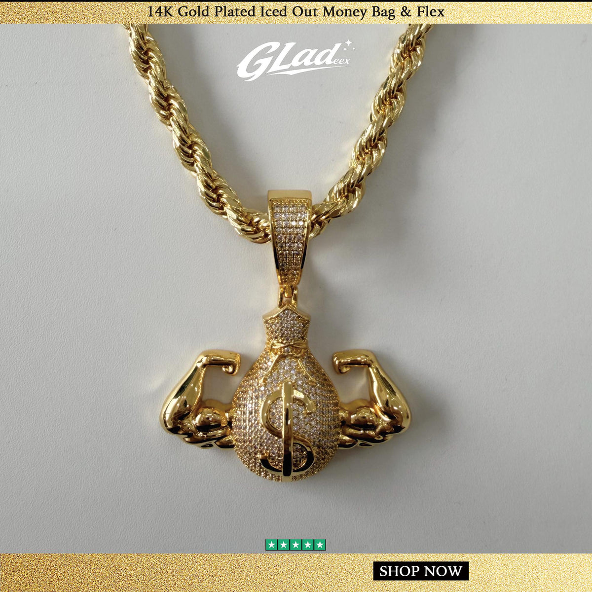 Gladeex Jewelry 14K Gold Plated Iced Out Money Bag & Flex Pendant, Bold Design, Shiny Finish (14K Gold Plated Necklace Pendant for Jewelry Accessories) - ewoptyappy