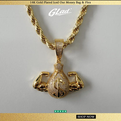 Gladeex Jewelry 14K Gold Plated Iced Out Money Bag & Flex Pendant, Bold Design, Shiny Finish (14K Gold Plated Necklace Pendant for Jewelry Accessories) - ewoptyappy