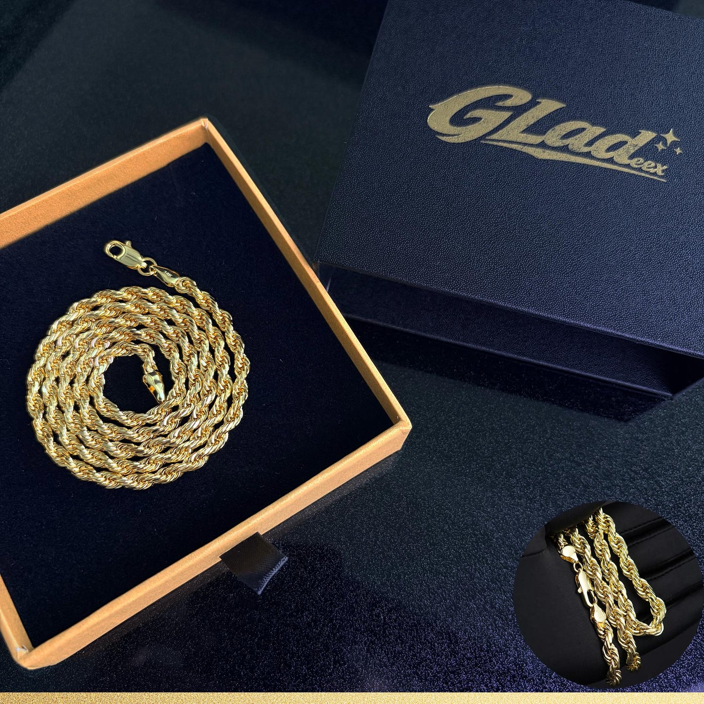 14K gold plated rope chain necklace and bracelet arranged in a GLADEEX gift box