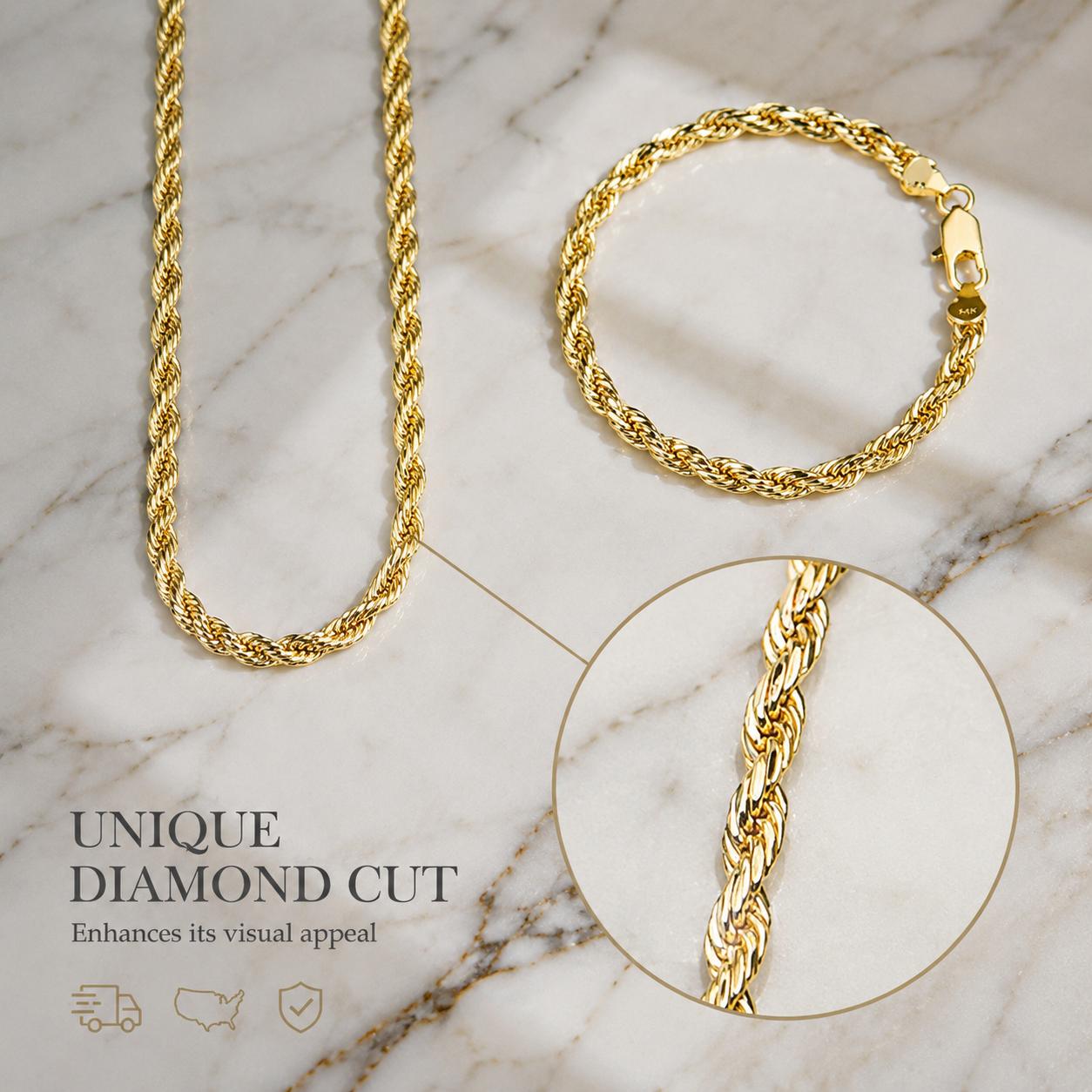 Women's 14K gold plated rope necklace and bracelet with diamond-cut detail