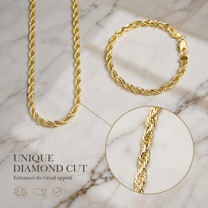 Women's 14K gold plated rope necklace and bracelet with diamond-cut detail