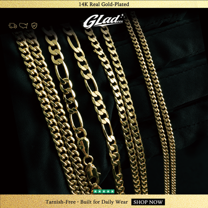 14K gold plated Figaro, Cuban and rope chains displayed together on black fabric