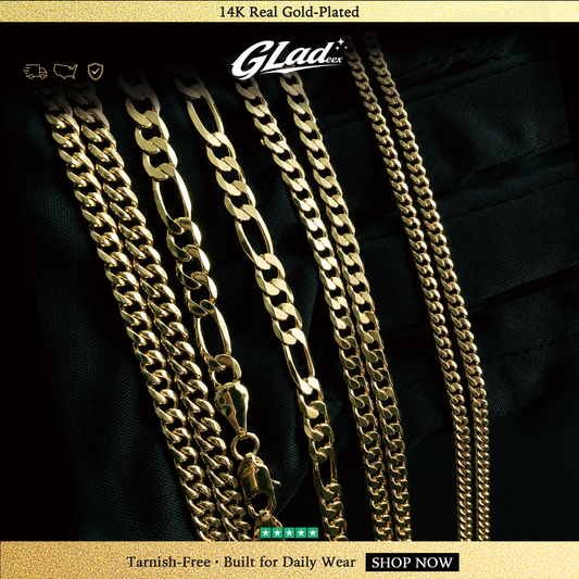 14K gold plated Figaro, Cuban and rope chains displayed together on black fabric