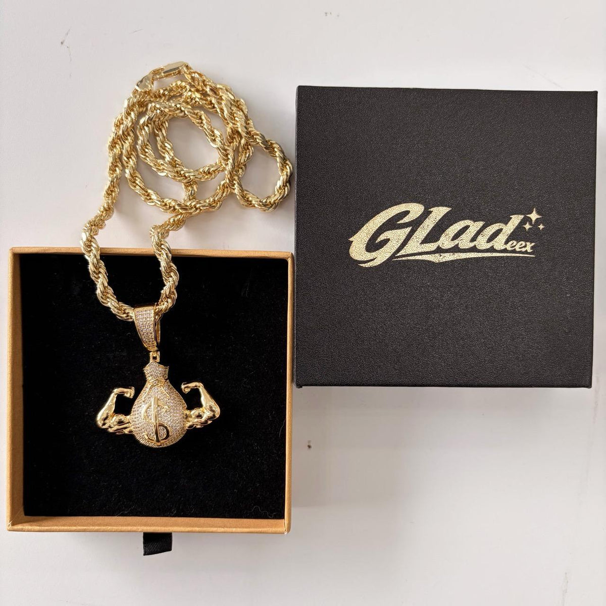 Gladeex Jewelry 14K Gold Plated Iced Out Money Bag & Flex Pendant, Bold Design, Shiny Finish (14K Gold Plated Necklace Pendant for Jewelry Accessories) - ewoptyappy