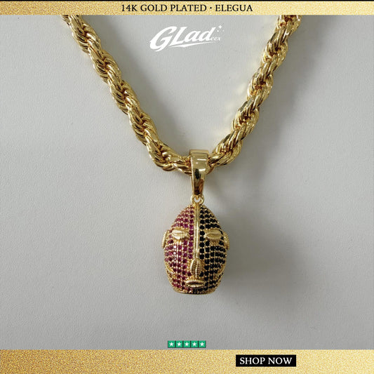 GLADEEX 14K Gold Plated Elegua Pendant Necklace, Red Black Orisha Face Charm with Rope Chain, Yoruba Santeria Ifa Inspired Jewelry for Men and Women - ewoptyappy